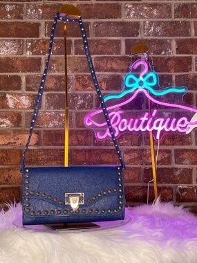 Navy Blue, Gold Hardware/Studded Clutch/Crossbody Bag